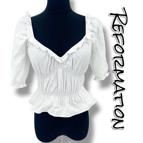 Reformation Tops - Reformation Vineyard White Smocked Ruffle Peasant Blouse Puff Sleeve Women’s XS